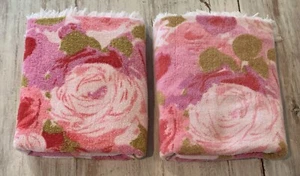 2 Pink Floral Rose Bath Towels Fringe All Cotton Flowers Vtg Canon Monticello - Picture 1 of 11