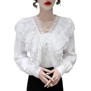 Lady Lace Falbala Shirts V Neck Slim Fit Tops Long Sleeve Blouse Casual Fashion - Picture 1 of 14
