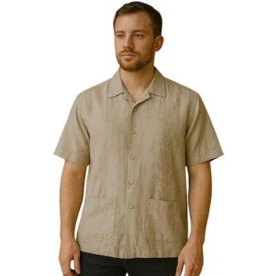 Cubavera Linen Blend Camp Shirt Embroidered Palm Tree Details Two Pockets L New - Image 1 of 4