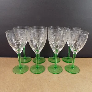 8 Antique Cut & Engraved Floral Glass Water Glasses Goblets Green Stem 7.5" VGC - Picture 1 of 7
