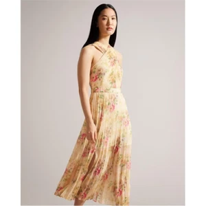 Abito Ted Baker Amerah marrone chiaro MIDI a pieghe sul davanti a croce taglia 4 UK14 (£225) nuovo con etichette - Foto 1 di 4