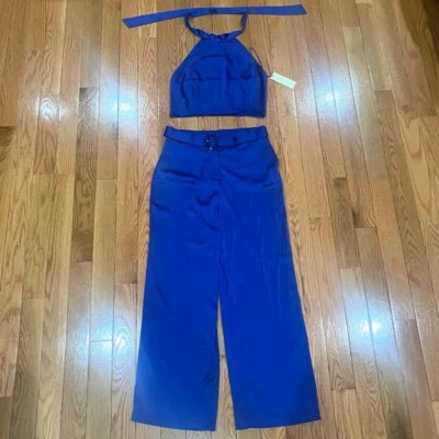 Nuevo con etiquetas Mono Rachel Zoe 2 Piezas Azul Satinado Cinturón y Corbata Para Mujer Talla 12/L Foto 1 de 4