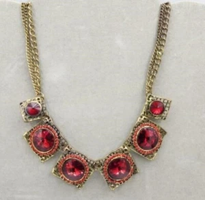 Costume Gold Tone Bridgerton Style Round Red Stones Fashion Necklace & Red Pouch - Picture 1 of 6