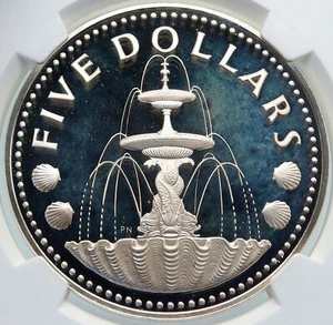1973 BARBADOS Arms Fountain Trafalgar VINTAGE Proof Silver $5 Coin NGC i87119 - Picture 1 of 5