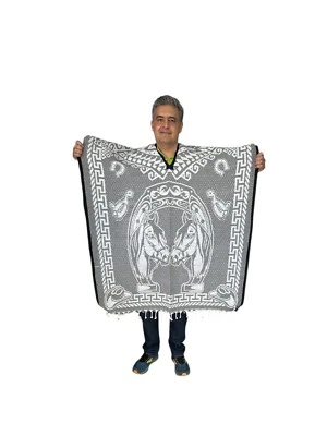 XXXL PONCHO MEXICANO, CABALLO, HERRADURA, TALLA ÚNICA, GABAN, GRIS CLARO Y BLANCO Foto 1 de 3