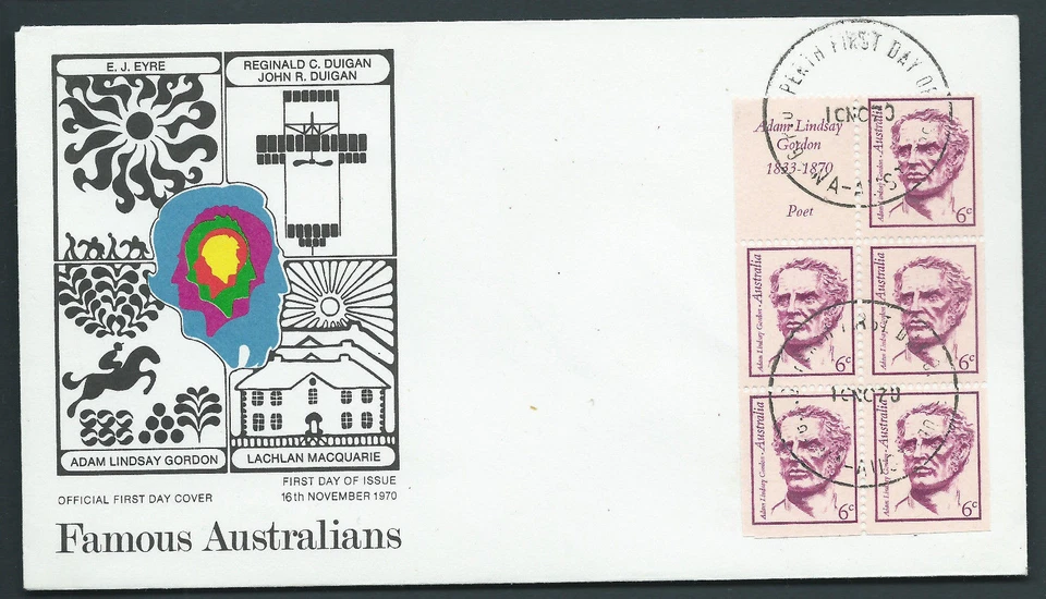 Famous Australians Australia Adam Lindsay Gordon Booklet Pane 1970 APO FDC PERTH - Image 1 of 1