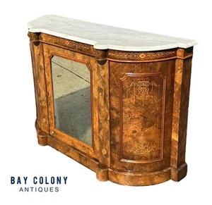 VICTORIAN BURLED WALNUT & MARQUETRY INLAID MARBLE TOP CONSOLE WITH MIRRORED DOOR - Picture 1 of 17