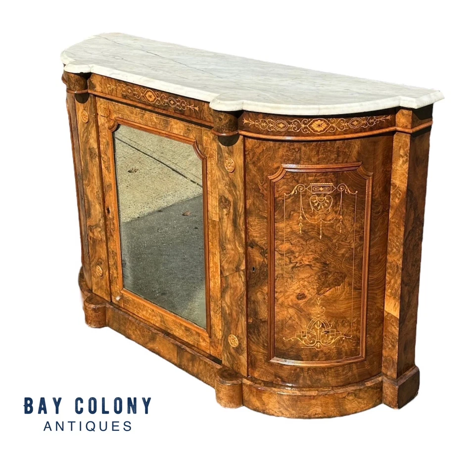 CONSOLA SUPERIOR VICTORIANA DE MÁRMOL CON INCRUSTACIONES DE NOGAL BURLADO Y MARQUETERÍA CON PUERTA ESPEJADA Foto 1 de 4