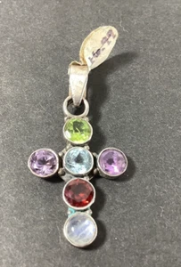 Ciondolo Croce Naturale Multicolore ARGENTO STERLING 925 - Foto 1 di 3