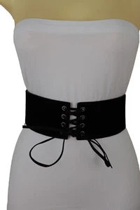 Women Black Faux Suede Leather Fabric Elastic Wide Corset Tie Cinch Belt Fit S M - Picture 1 of 12