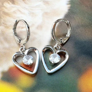 925 Sterling Silver Plated CZ Love Heart Dangle/Drop Hoop Earrings Women Gift - Picture 1 of 6