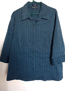 Apt 9 Womens Top Plus Size 2X Button Up 3/4 Sleeve Collared Teal Striped