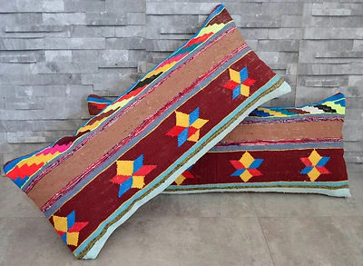 A PAIR 14″ x 34″ LUMBAR PILLOW CUSHION COVER HAND WOVEN KILIMS TURKISH KILIM RUG - Image 1 of 4