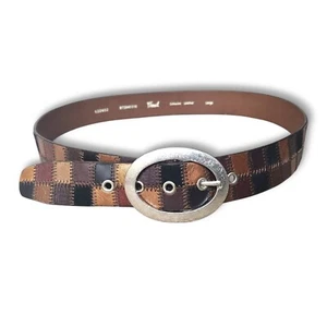 Fossil Boho Patchwork Brown Gold Black Genuine Leather Belt Womens Size Large - Picture 1 of 9