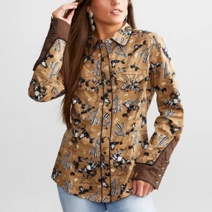 Wrangler x Leon Bridges NUEVA Camisa Western Para Mujer Marrón Talla XL Perla Broches a Presión - Imagen 1 de 11