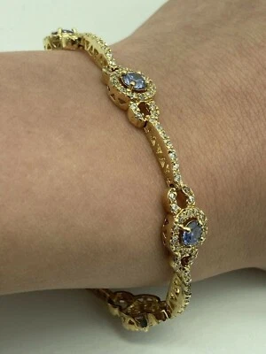 15Ct Round Cut Simulated Tanzanite Tennis Bracelet 14K Yellow Gold Plated Silver - Image 1 of 4