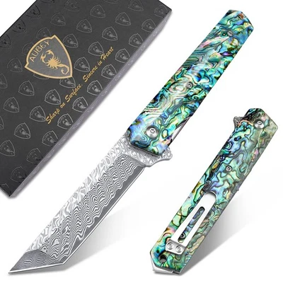 Damascus Pocket Knife with Clip, Sharp Tanto Blade with VG10 Core Folding Kni... - Image 1 of 4