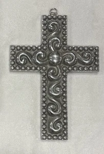 VTG Pewter Wall Cross Shiny Silver Tone Swirl Beaded 7.75” Made In México - Picture 1 of 11