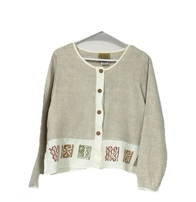 Suéter Chaqueta Azul Cactus Beige Artístico Boho Lino Boxy Lagenlook Hecho en EE. UU. M Foto 1 de 4