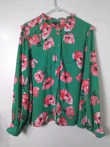 Who What Wear Green Floral Size XXL Button Up Ruffle Neck Blouse - Picture 1 of 13