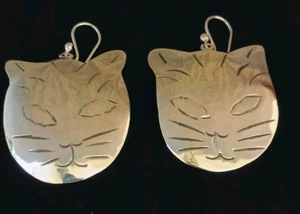 Taxco 925 Cute Big Cat Face Dangle Earrings Sterling Silver 1.75"X 1.2" 9+gr NEW - Picture 1 of 15