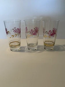 3 Vintage Trinkgläser handbemalt lila Blumen goldene Blätter Tumbler - Bild 1 von 17