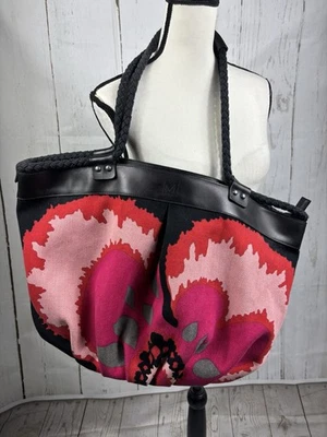 Missoni Large Canvas Tote Bag Multi Colored Abstract Floral Leather Trim - Image 1 of 4