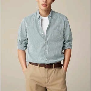 J.Crew Secret Wash Cotton Poplin Shirt Mens M Green White Striped Long Sleeve - Picture 1 of 7