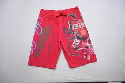 Vtg Ed Hardy Men's Red "Surf or Die" Board Shorts Sz Large Graphic Swim Trunks - Image 1 of 4