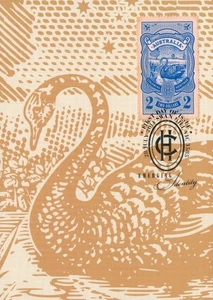 2011 Colonial Heritage Woodcut Black Swan POSTCARD Maxicard Cancelled Swan Hill - Bild 1 von 2
