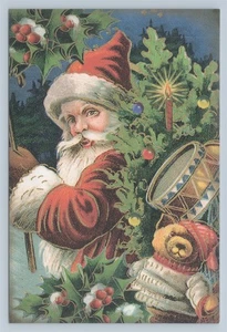 Frohe Weihnachten - Weihnachtsmann Tragesack mit Spielzeug und Baum - Reproduktion Postkarte - Bild 1 von 2