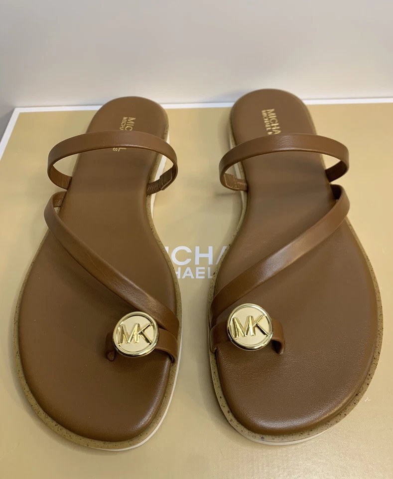 - Women’s Michael Kors Letty Pale Gold Leather Thong Sandals Size 9