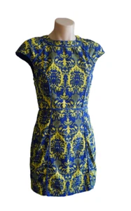 GINGHAM & HEELS Sz 8 Blue Yellow Damask Cocktail Party Pencil Dress NEW - Picture 1 of 4