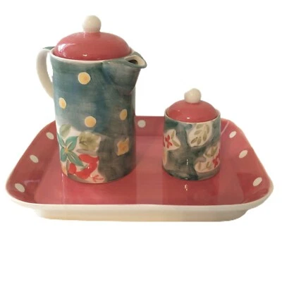 April Cornell Ceramic Sugar Creamer Tea Set Floral Dots Tray Y2K Cottagecore Vtg - Image 1 of 4