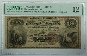 1882 $10 Troy New York NY Manufacturers Bank Note CH# 721 Fr. 480 PMG F-12 - Picture 1 of 2