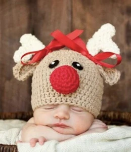 Cappello Rudolph in Maglia Accogliente - Cappello Natalizio Festivo con Corna per Vacanze Divertimento Piccolo - Foto 1 di 11