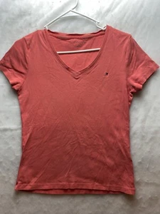 Tommy Hilfiger Women's Sz M Pink S/S Cotton Blend V Neck T Shirt Top - Picture 1 of 6