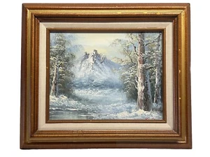 Vntg Signed Winter Mountain Landscape Painting Mid Century Oil On Canvas Framed - Picture 1 of 7