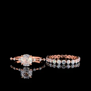 Conjunto de oro rosa, anillo de compromiso solitario y eternidad circonita cúbica en plata de ley 925 - Imagen 1 de 5