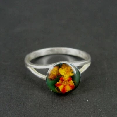 Ring Silver Lucite Flower Green Orange Yellow Round Sterling 925 Band Size 7  - Image 1 of 4