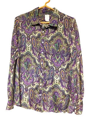 Camisa J.CREW La Perfecta Algodón/Seda Blusa Abotonada Púrpura Paisley Talla 6 Boho Foto 1 de 4