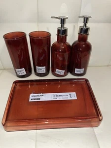 5 Piece Amber IKEA Bathroom Set Apothecary Glass Soap/2 Lotion Dispensers & Tray - Picture 1 of 10