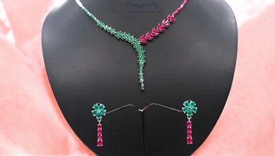 Silver jewelry set for women Emerald And Ruby Gem Necklace and Earrings Gift Set - Image 1 of 4