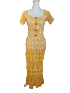 Crochet Dress Handmade Maxi Yellow Size Small Cover Up - Picture 1 of 11