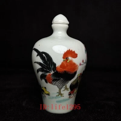 3.3英寸老式中国瓷画幸运鸡鼻烟瓶收藏 — 第 1/4 张图片