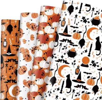 12 Sheet Halloween Wrapping Paper -Not Roll- Orange Black Pumpkin Black Cat .... - Image 1 of 4