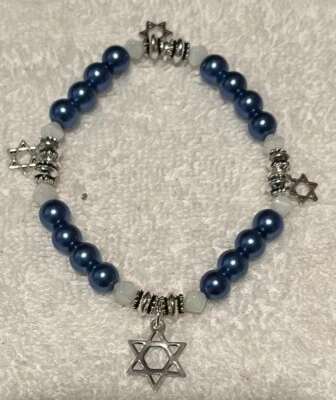 Star of David Charms w/Pearly Blue w/White Bicone Beads w/Silvertone spacer New - Image 1 of 4