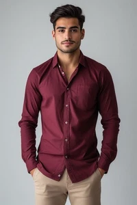 Haggar Button Dress Shirt Mens M 15-15.5 45x28 L/S Burgundy Pokt Cotn/Poly - Picture 1 of 6