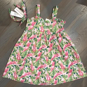 NWT Janie and Jack girl 2-piece pink parrot jungle SUMMER dress headband SET 6 - Picture 1 of 7