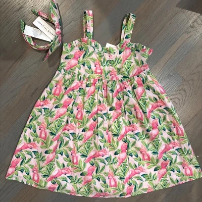 NUEVO CON ETIQUETAS Janie and Jack Niña 2 Piezas Rosa Loro Jungla VERANO Vestido Diadema SET 6 Foto 1 de 4